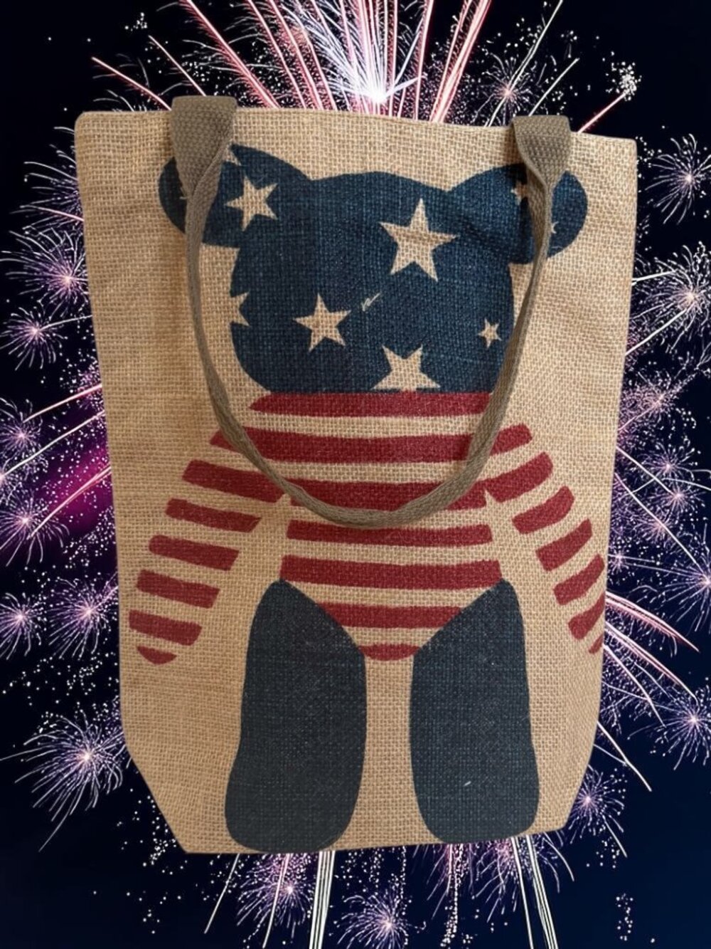 Patriotic Teddy Bear American Flag Burlap Canvas Tote Bag